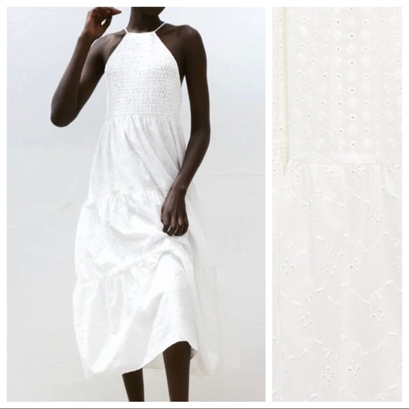 NWT. Zara White Halter Cutwork Embroidery Midi Dress. Size M. - Picture 1 of 10